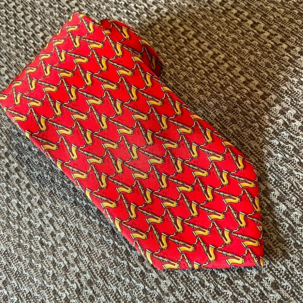 Dormeuil Silk‎ Tie Red Saxophone Pattern Hand Musician Italy Men's Neckwear